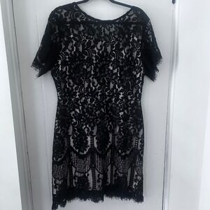 MSLG Women Black Floral Lace Overlay Cocktail Dress XL white Lining Short Sleeve